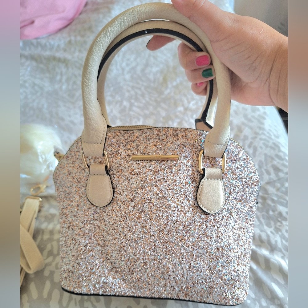 ALDO Glitter Dome Satchel Handbag in Rose Gold and Cream